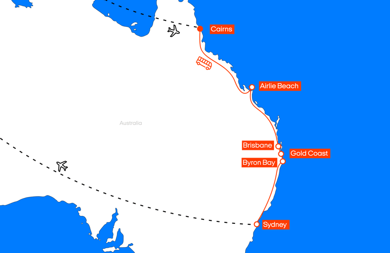 Map of the Aussie East Coast Flex package from KILROY