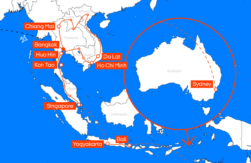 Map of the Ultimate SE Asia and Australia gap year itinerary - KILROY