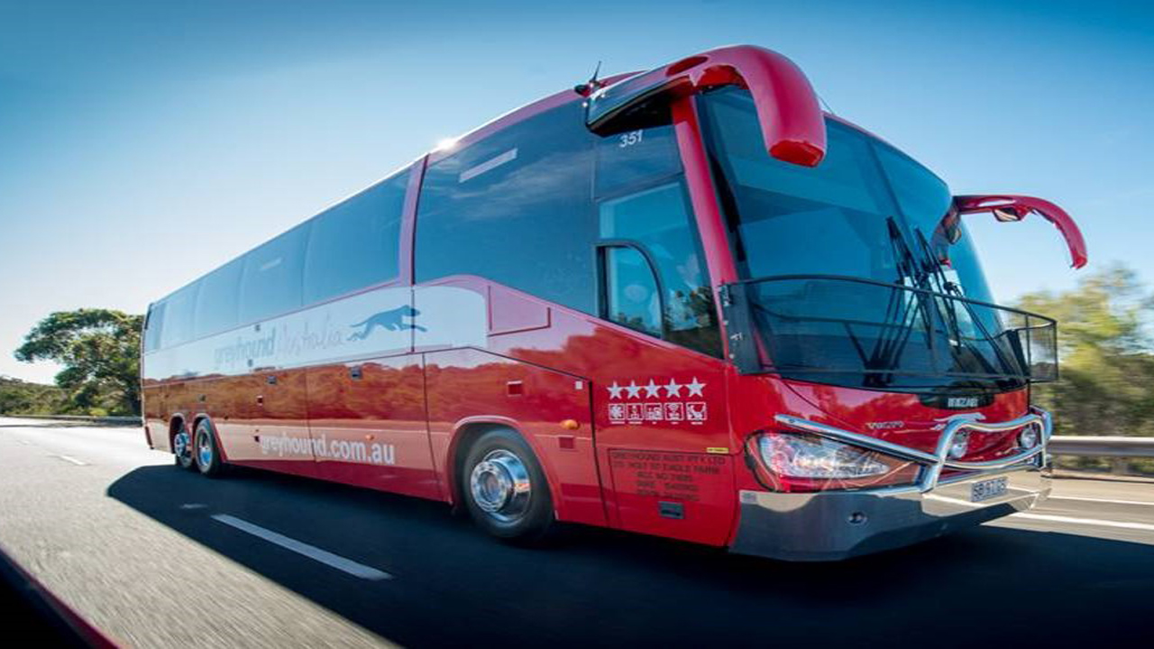 Image of a red Greyhound bus in Australia that offers bus passes for travellers - KILROY