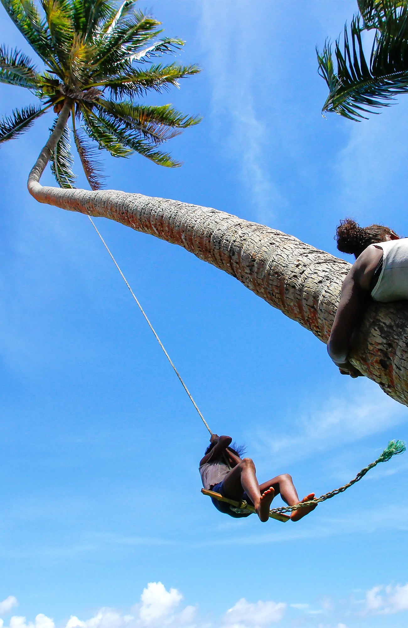 Image of a local swinging on a rope from a palm tree in Fiji - KILROY