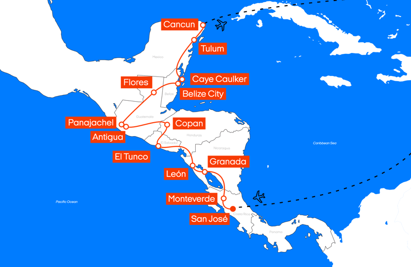 Map of the San Jose to Cancun Flex itinerary from KILROY