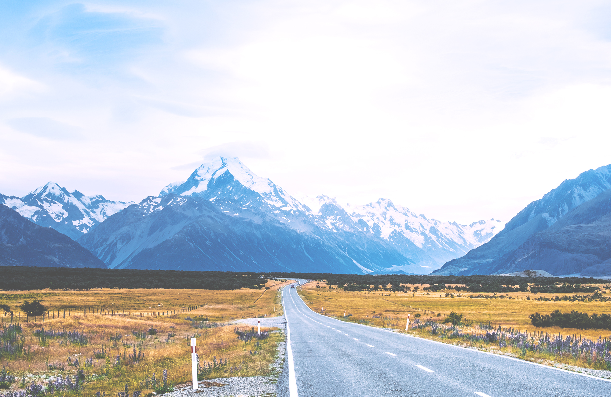 Image of a highway leading towards snowcapped mountains in New Zealand - KILROY