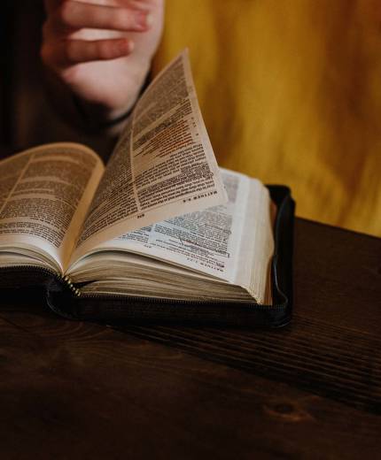 Close-up image of a woman flicking through a book - KILROY
