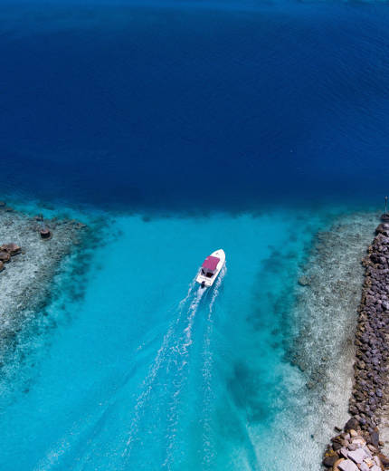 Image of a boat cruising across brilliant blue waters - KILROY