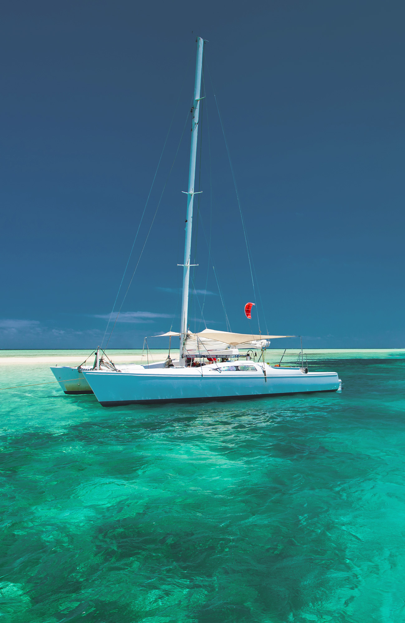 Image of a catamaran sailing boat anchored in green waters in Oceania - KILROY