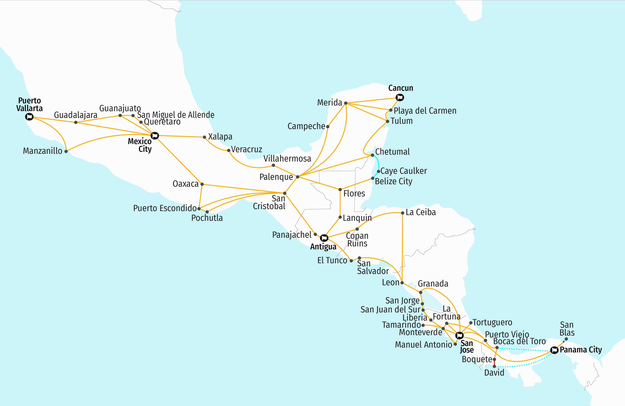 Bamba Experience route network map in Mexico and Central America - KILROY