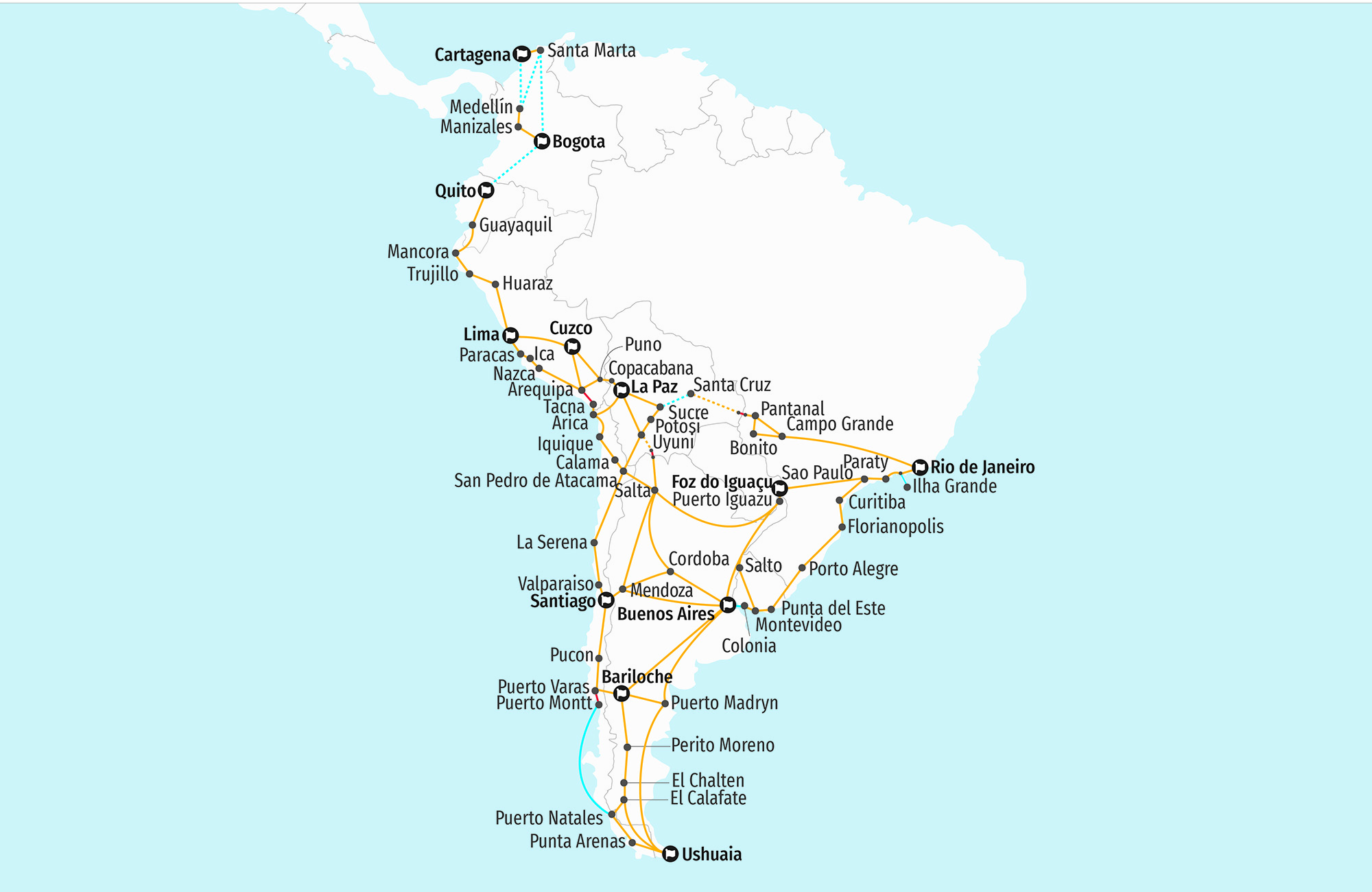 Map of the Bamba Experience route network in South America - KILROY