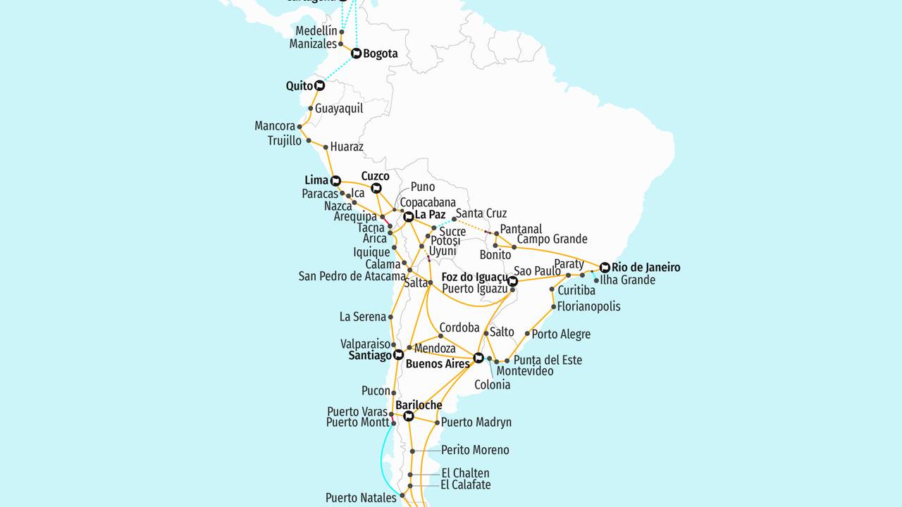 Map of the Bamba Experience route network in South America - KILROY
