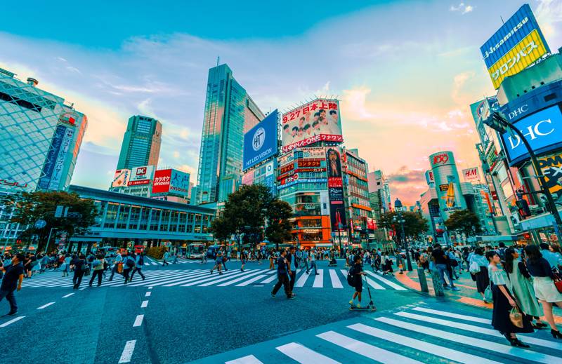 Shibuya crossing in the city centre of Tokyo, Japan