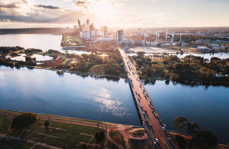 Skyline of the city of Perth with the river Swan in the foreground