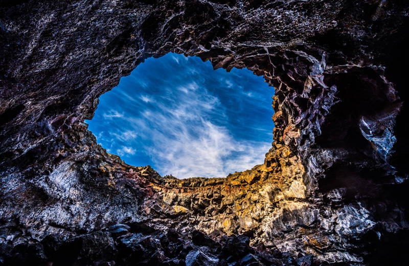 Picture of one of the Craters of the Moon in Idaho, from below.