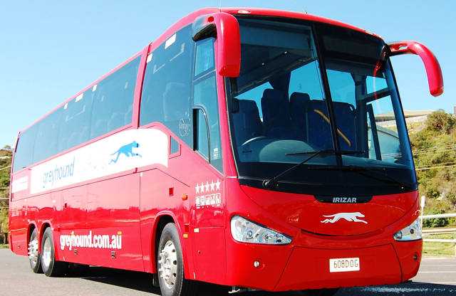 Image of the exterior of a red Greyhound bus in Australia - KILROY