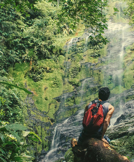 Image of a young male traveller looking at a waterfall in Costa Rica - KILROY