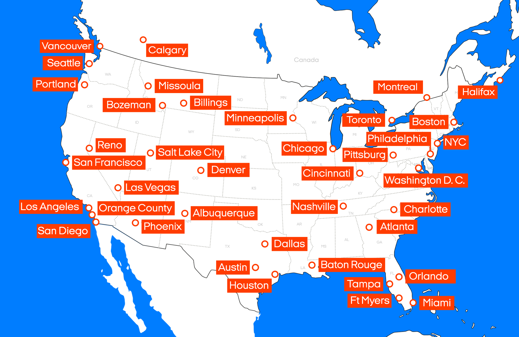 Map of the rental locations for the Compact C-21 campervan in North America - KILROY