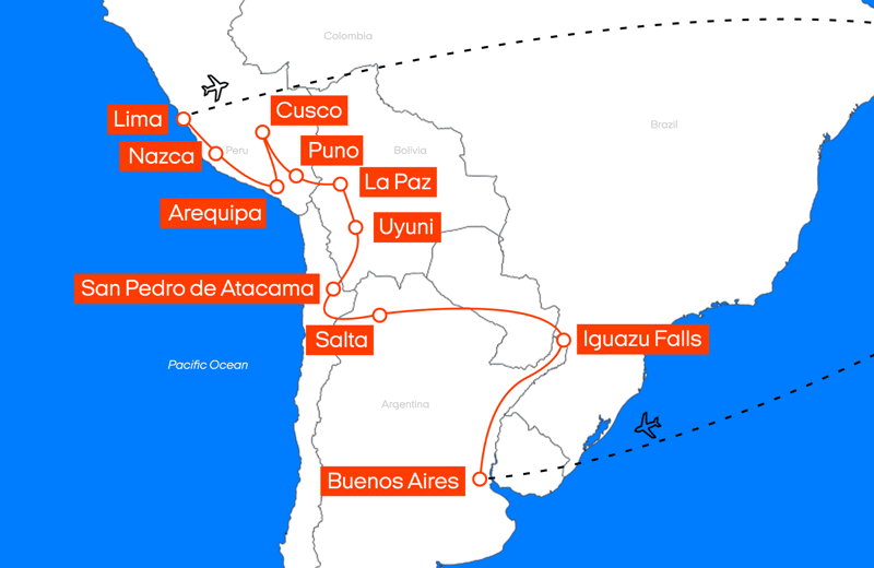 Map of the Buenos Aires to Lima Flex package from KILROY