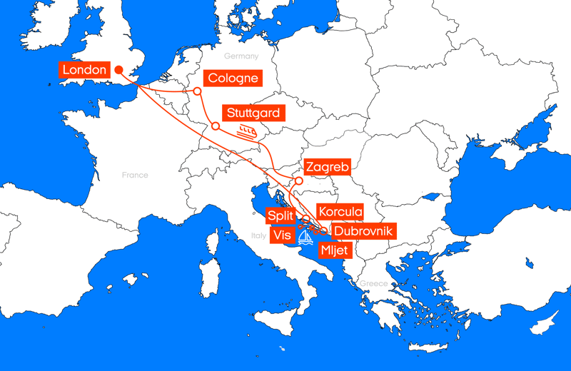 Map of the Europe Rail and Sail Croatia Flex travel package from KILROY