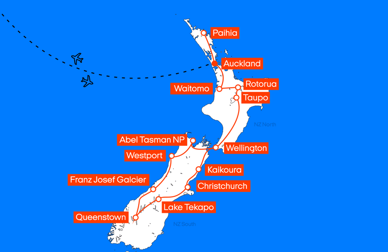Map of the New Zealand North and South Flex itinerary from KILROY