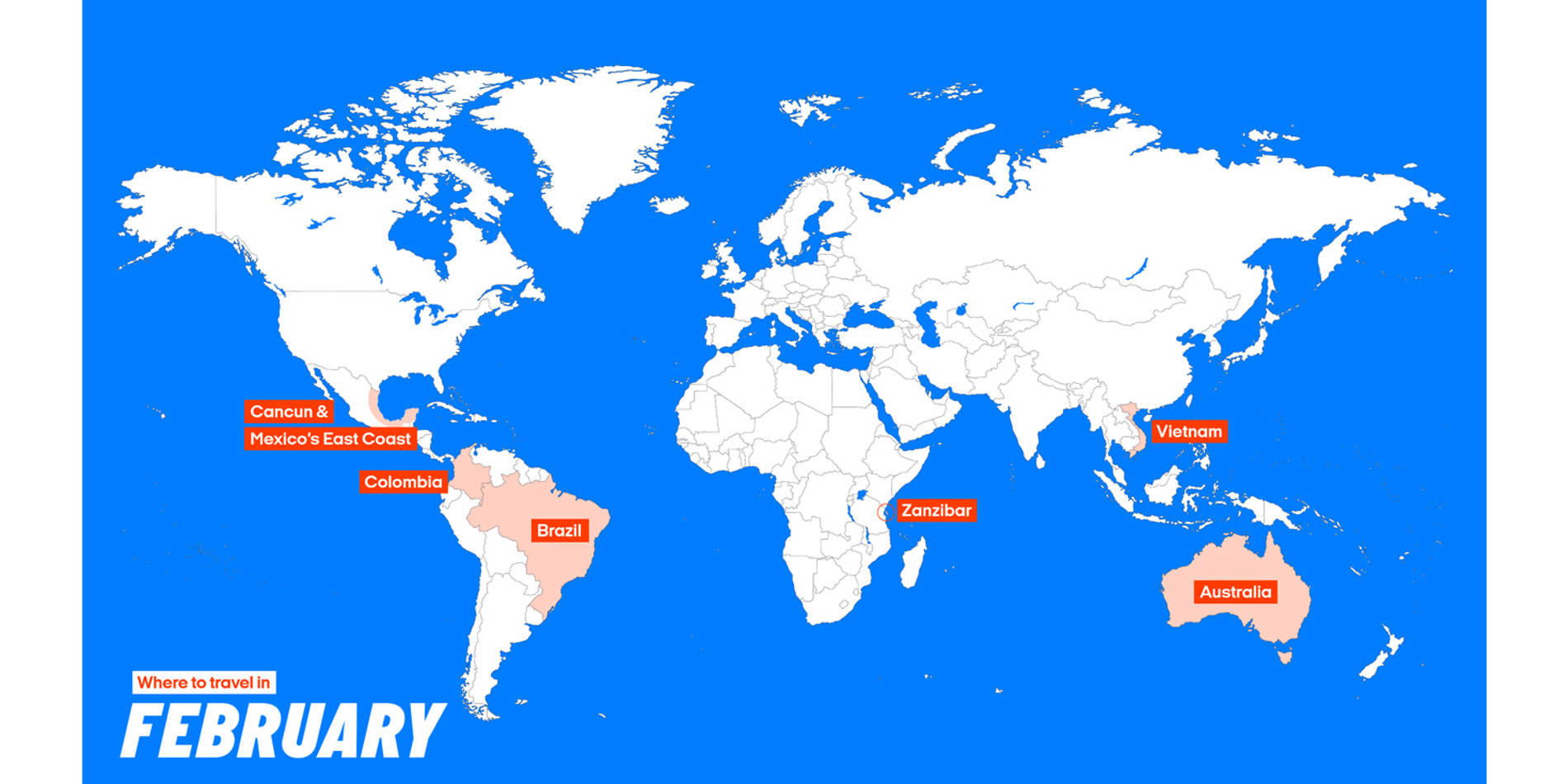 Map showing top destinations to visit in February - KILROY