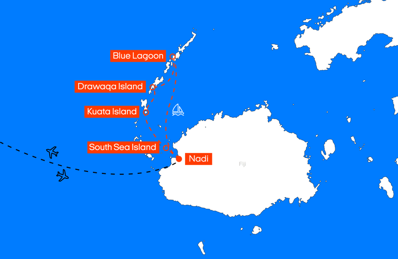 Map of the Fiji Island Hopping Flex itinerary from KILROY
