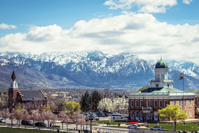 Church and community building in Salt Lake City, with the Wasatch Mountain Range in the background