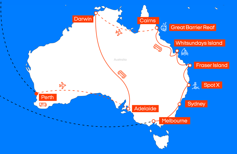 Map of The Full Aussie Adventure itinerary from KILROY