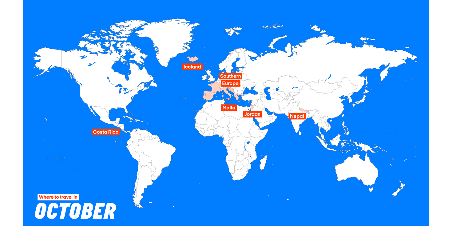 Map showing top destinations to visit in October - KILROY