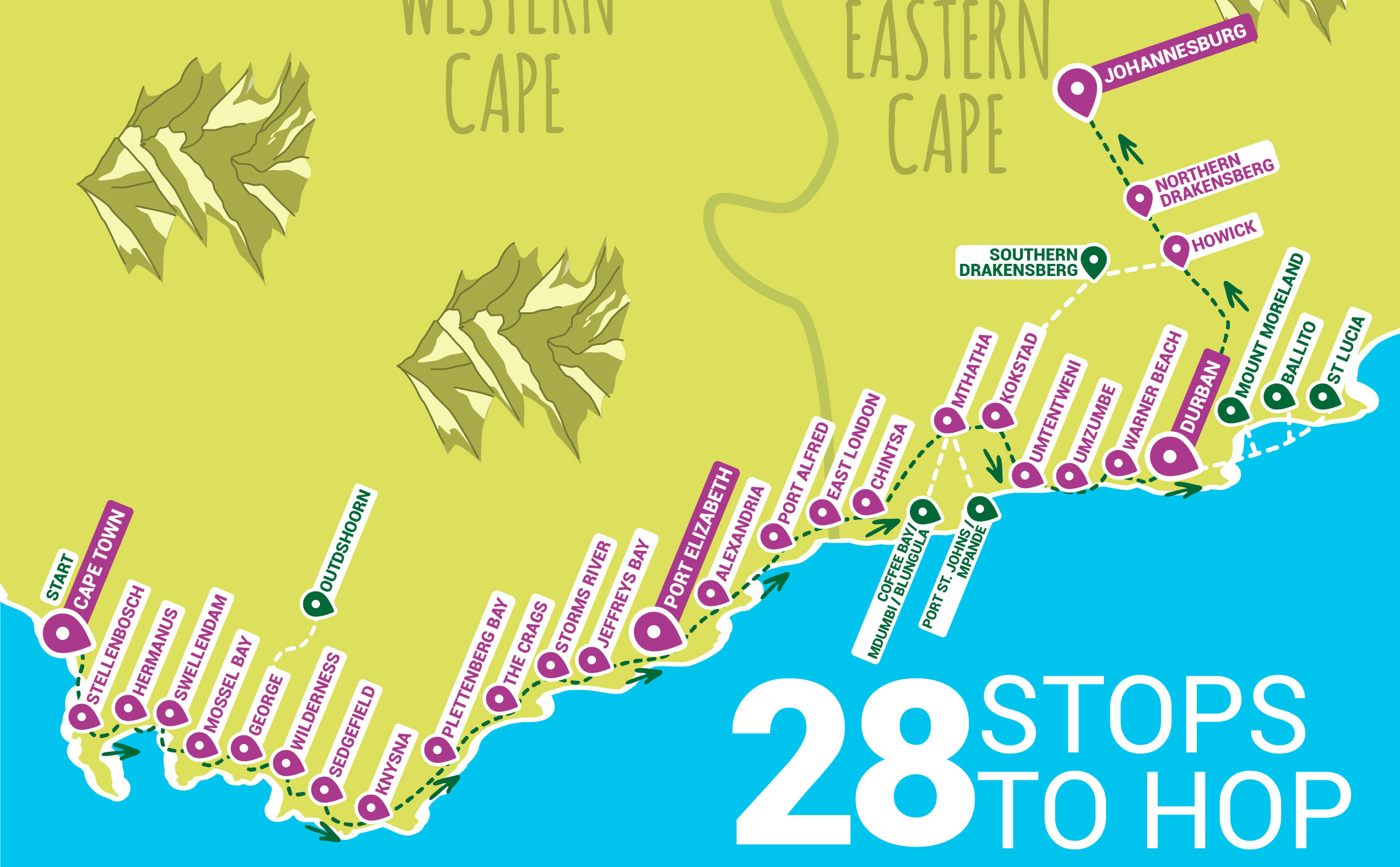 Map of the Baz Bus route network in South Africa - KILROY