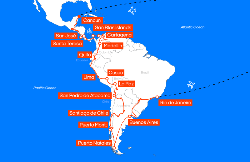 Map of the Ultimate Latin America gap year itinerary - KILROY