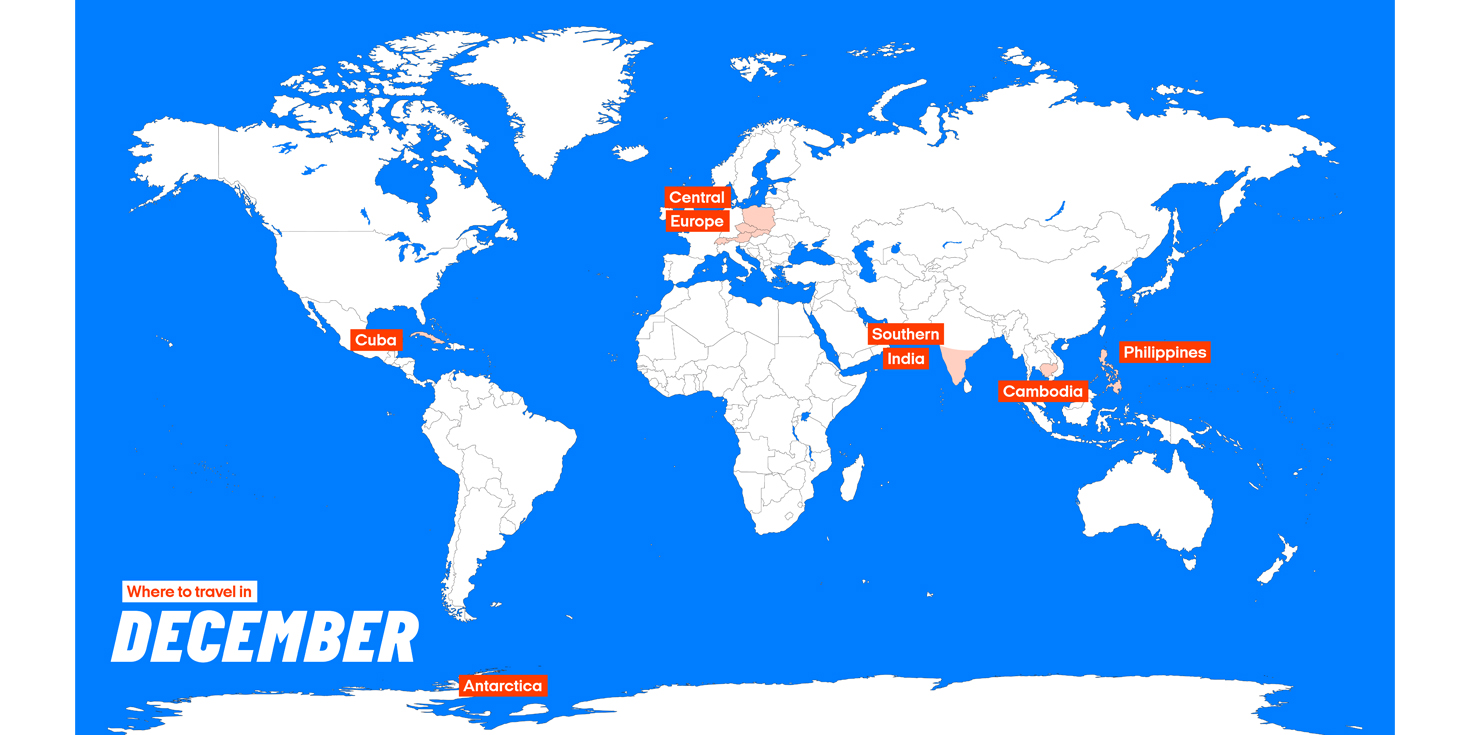 Map showing top destinations to visit in December - KILROY