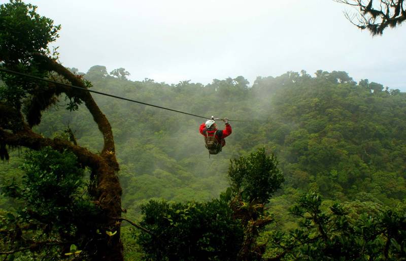 Man ziplining through the jungle in Costa Rica