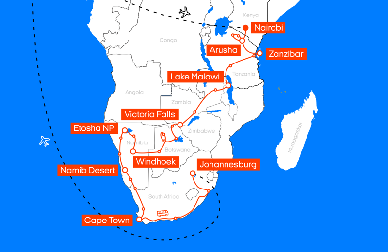 Map of the Ultimate Africa gap year itinerary - KILROY