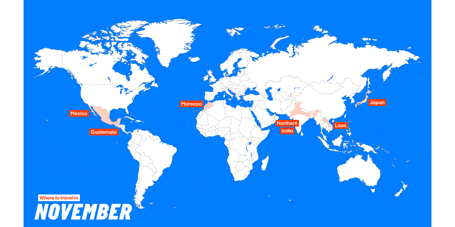 Map showing top destinations to visit in November - KILROY