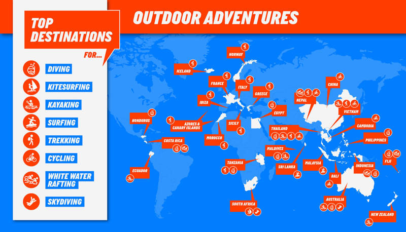 World map showing the top destinations for sober-curious outdoors adventures - KILROY