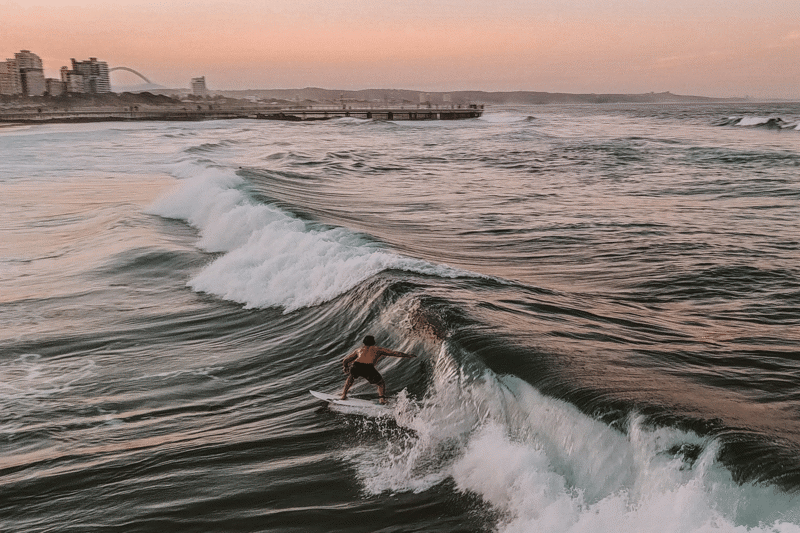 Lone surfer catching a wave off the coast of Durban in South Africa