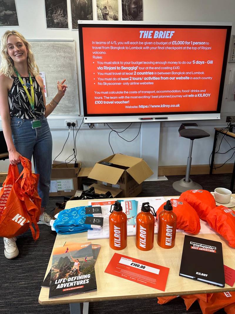 Image of Holly at a gap year school presentation representing KILROY UK