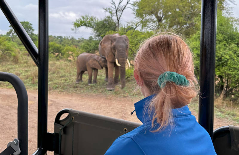 Image of a young female traveller on safari in South Africa spotting elephants - KILROY