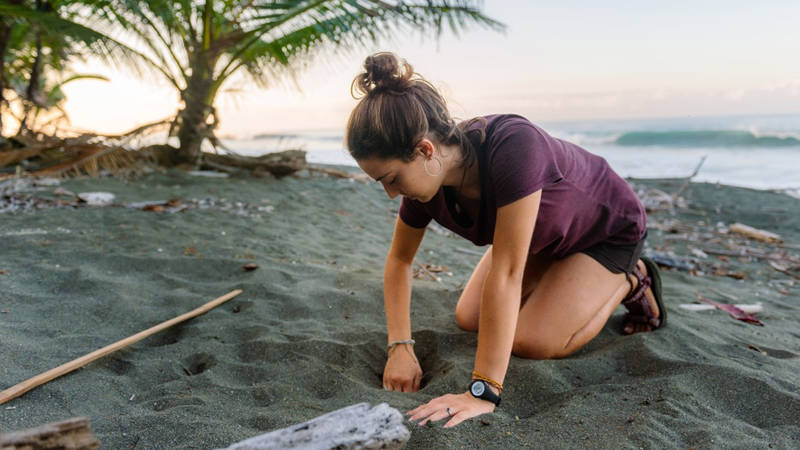 Female volunteer digging in the sand of a beach in Costa Rica as part of a turtle conservation project - KILROY