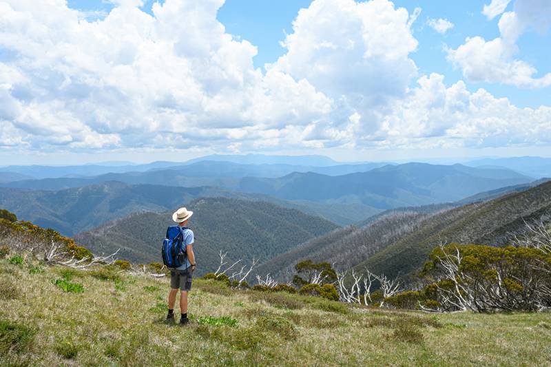 Image of a man with a backpack looking at a landscape in Australia - KILROY