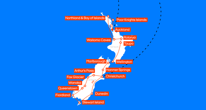 Map of the North and South Island New Zealand Road Trip Package - KILROY