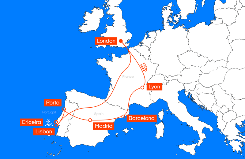 Map of the Europe Rail and Surf Portugal Flex package from KILROY