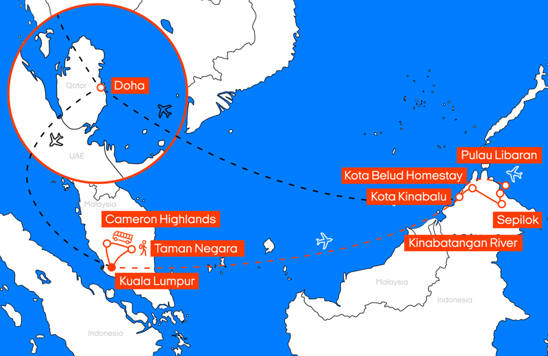 Map of a suggested three-week itinerary in Malaysia with KILROY